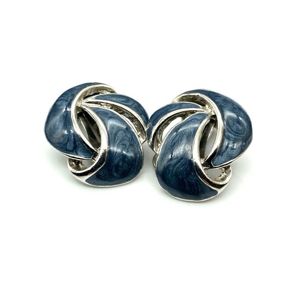 Vintage Abstract Blue Enamel Earrings, Silver Tone Clip Ons - Picture 2 of 5